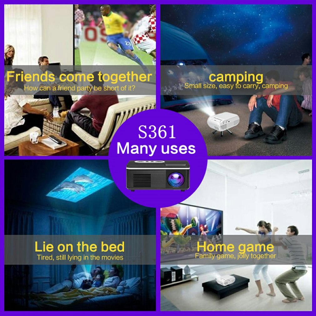 S361 Home Mini Portable Pocket Projector HD 1080P Movie Video Home Theater HDMI VGA AV tt Home Projector Without Battery