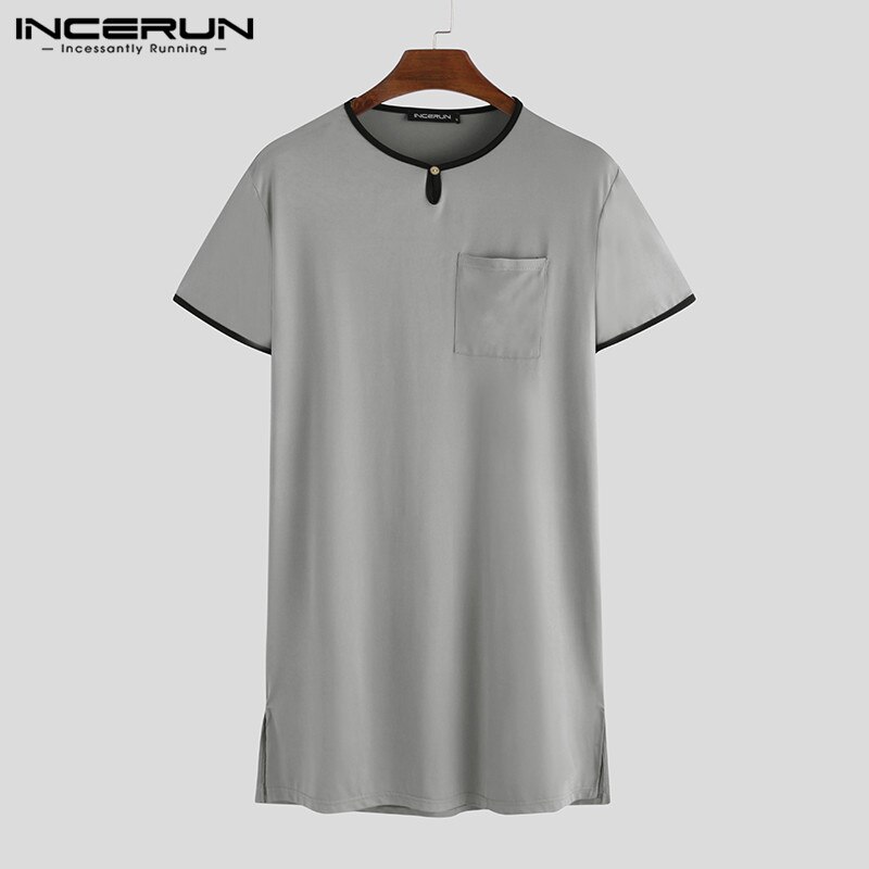 INCERUN Men Pajamas Sleep Tops Short Sleeve Breathable Long T Shirt Summer Casual V Neck Loose Men Sleepwear Homewear S-5XL: Gray / L