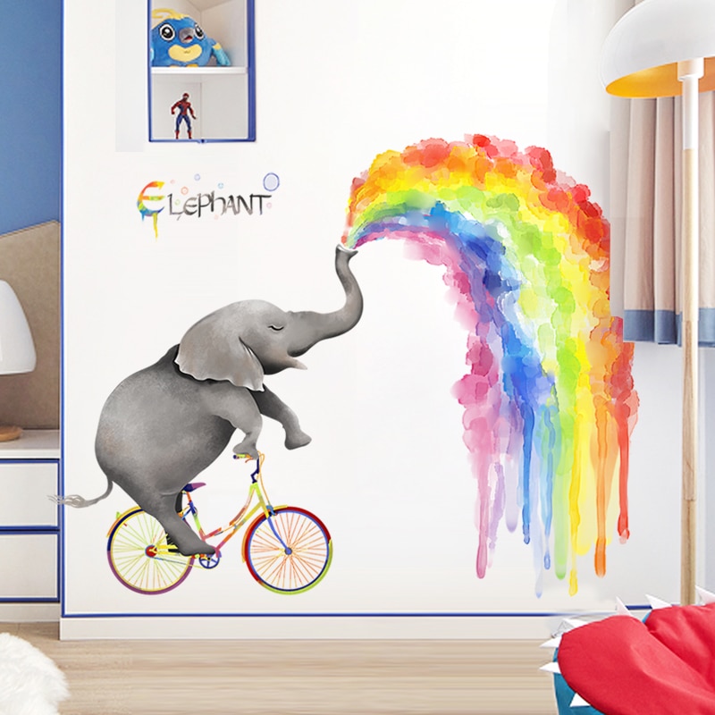 Cartoon Olifant Regenboog Muursticker Grote Dier Kinderkamer Decoratie Poster Kwekerij Muur Stickers Muurschildering Foto Wall Art
