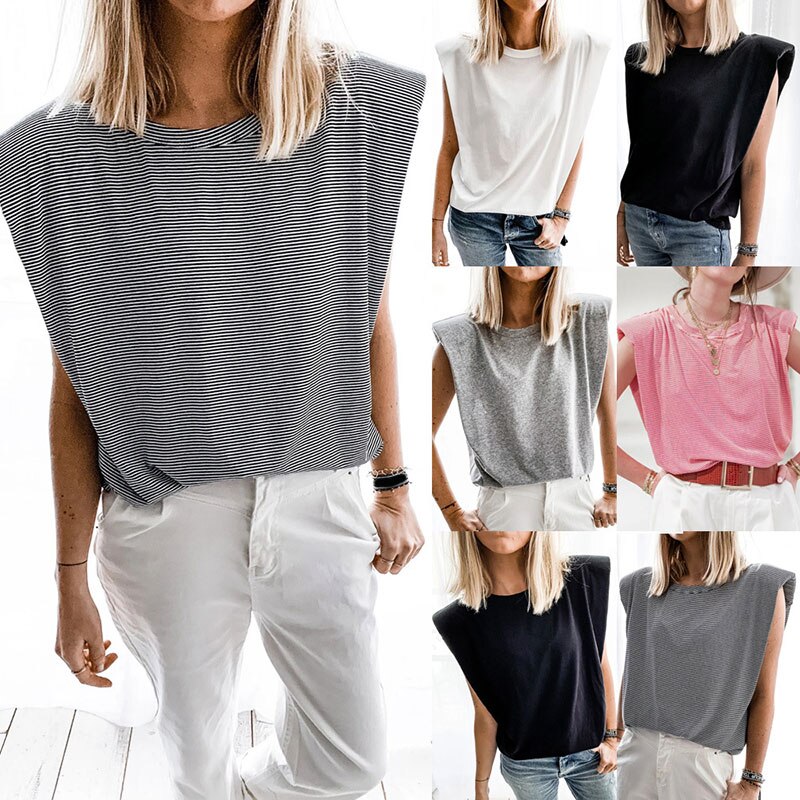 Nyligt kvinder sommer ærmeløs t-shirt bluse dame skulderpuder t-shirt casual top  s66