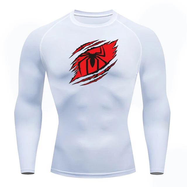 Y2K GYM Compression Tshirts Sport Workout Spider Print T-shirts Mens Running Fitness Tight Long Sleeve Sportswear Top Tee: XXL / WHITE