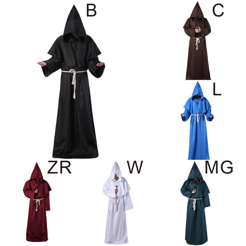 Christian Vader Jas Priester Lace Up Gewaad Monnik Marionet Halloween Kostuum Cosplay Mantel Effen Kleur Hooded Halloween Kostuums *