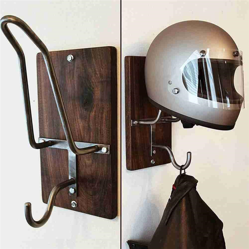 Soporte de gancho para casco de motocicleta, soporte de madera, soporte de gancho de Metal, estante de montaje en pared, colgador de bolsa para casco de ropa, 33x18cm para habitación y garaje