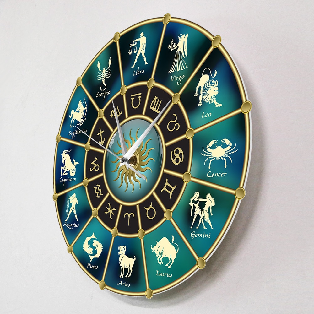 Signs of Zodiac Acrylic Mute Gold Blue Horoscope Circle with Wall Clock Constellation Astrology Symbol Home Decor Wall Watch