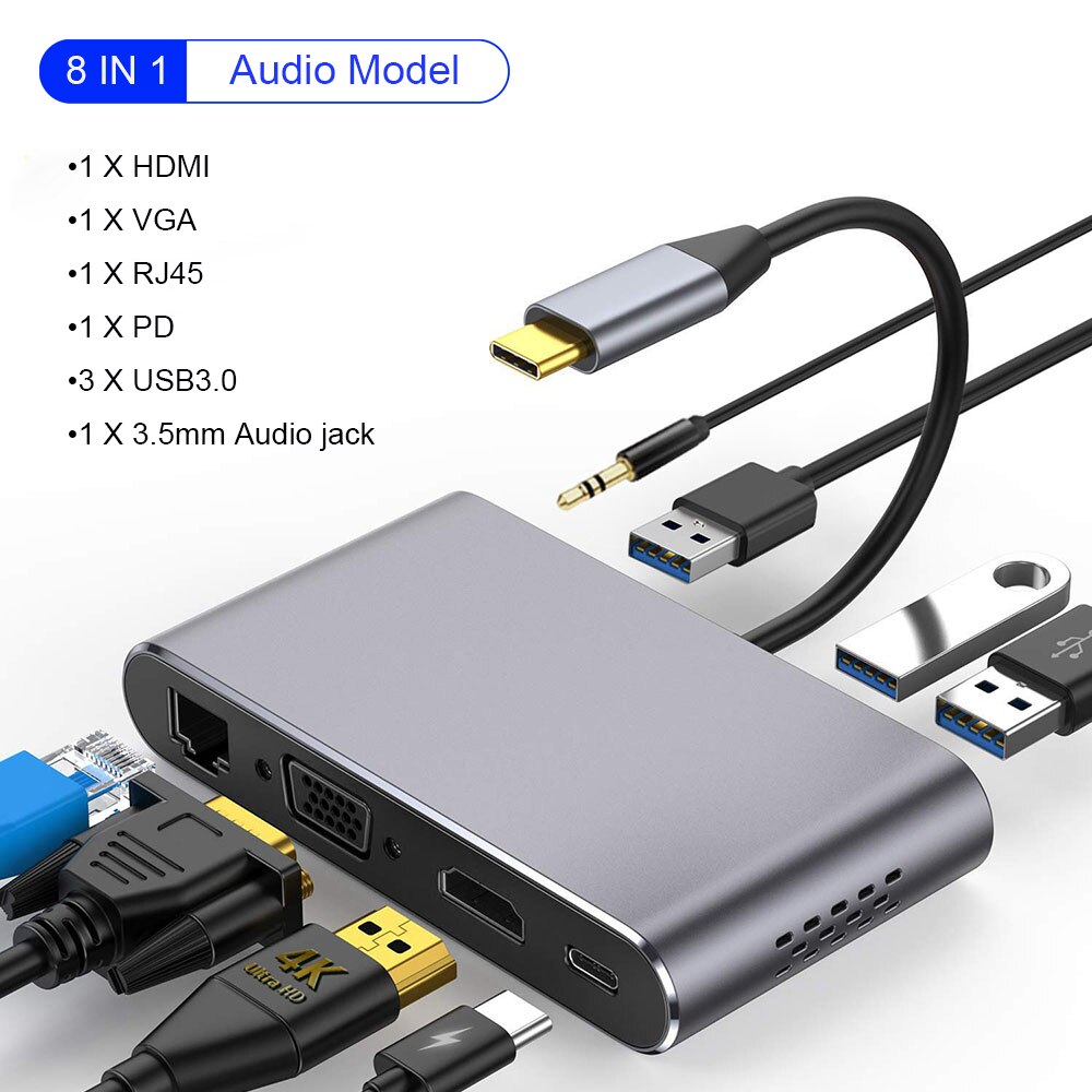 IREALTHINK USB Type C hub usb c adaptateur HDMI adaptateur iPad Pro convertisseur USB C Type C 3.1 répartiteur USB HUB: 8 IN 1 Grey Aux Hub