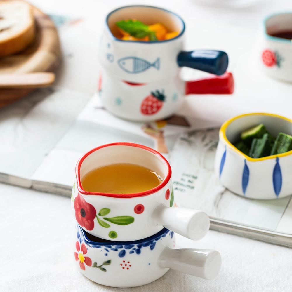 Mdzfsweethome Keramische Mini Pan Melk Pot Melk Cup Met Handvat Koffie Suiker Kommen Aardbei Bloemen Patroon Keuken Kookgerei