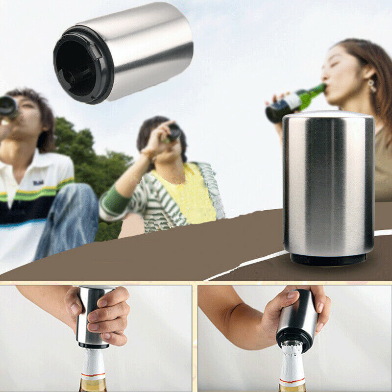 Automatisk ølåpner i rustfritt stål til fest bar flaskelokk vin sølv håndholdt øl brus verktøy drikkespill flaskeåpner