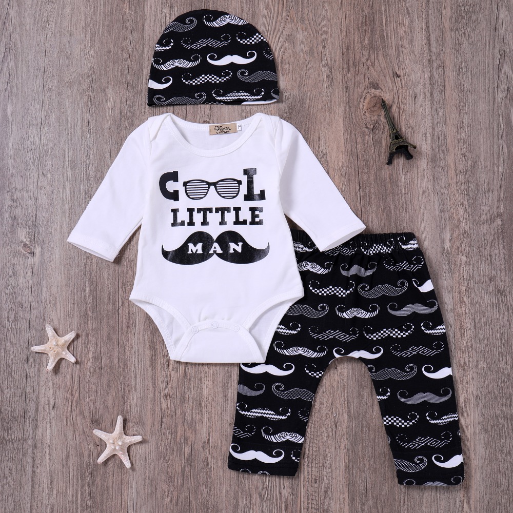 Cool litttle Man Baby boy clothing 2PCS Suit Baby Romper +Long Moustache Pants +Hat Newbon Baby boys Outfits Set