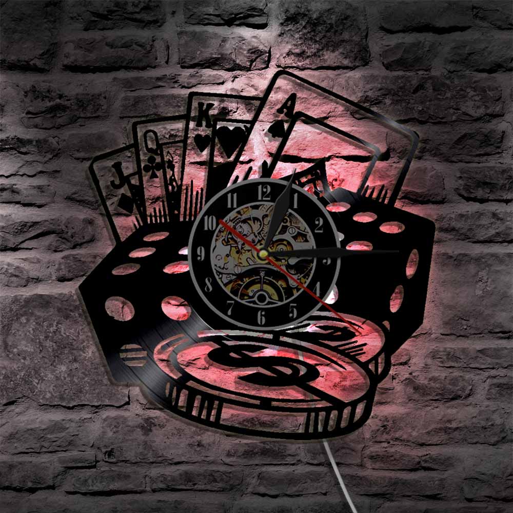 Poker Dice LED Wall Clock Poker Chip Set Vinyl Record Wall Clock Poker Room Wall Decor Poker Player Gambler reloj de pared