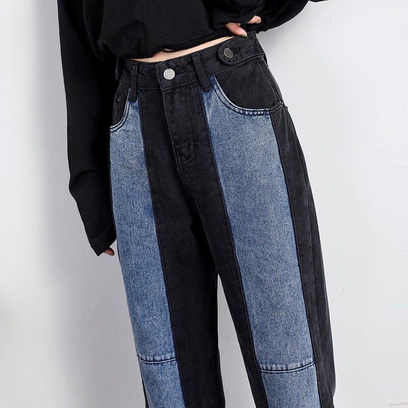 Mujer Jeans tobillo-longitud Patchwork Color-Bloque de alta cintura botón Harem Pantalones mujer suelta Denim Pantalones S-5XL
