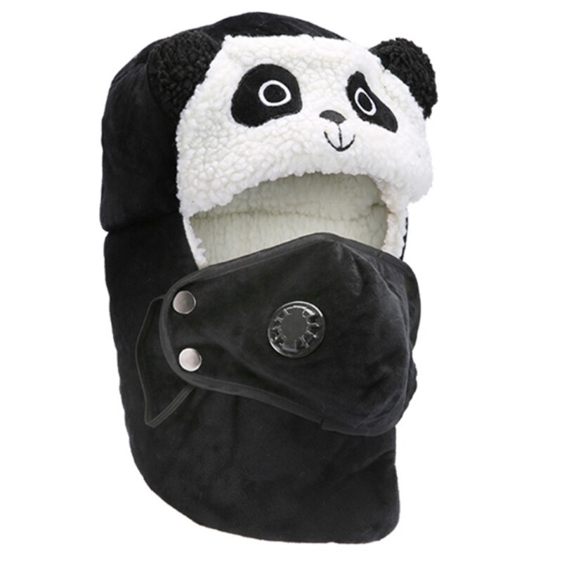Gorro de invierno con estampado de oso Panda, gorro de lana de imitación con solapa y máscara: BK-1
