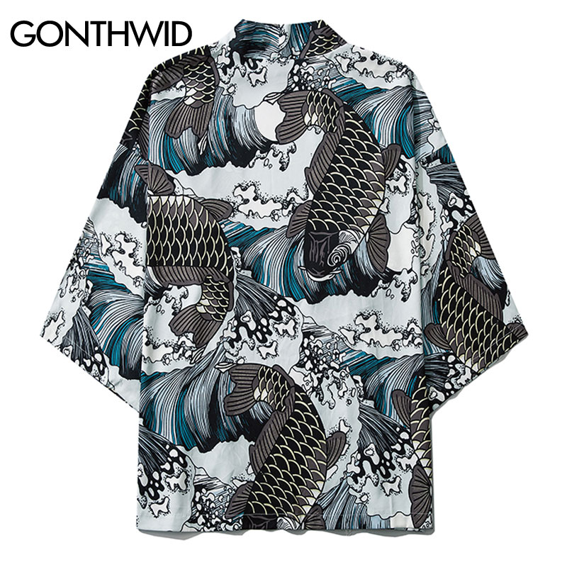 GONTHWID styl japońnarty karp Koi ryby Seawaves drukuj kardigan kimono koszule męskie zwykły otwarte przednie kurtki płaszcze topy znosić
