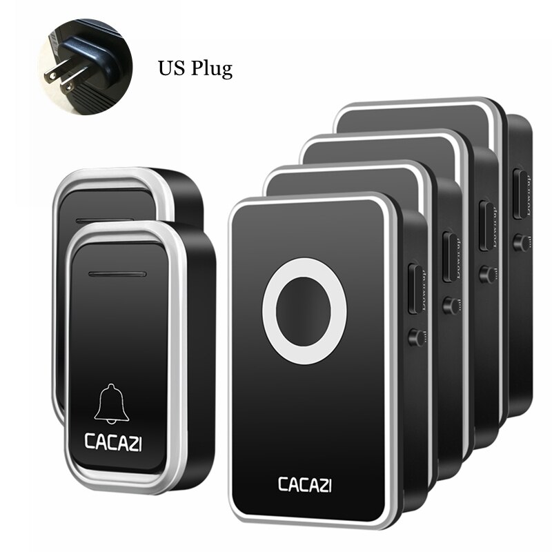 CACAZI Wireless Doorbell Waterproof 300M Remote 2 Battery Button 4 Receiver led light US EU Plug Home Cordless door bell chime: black 2x4 US