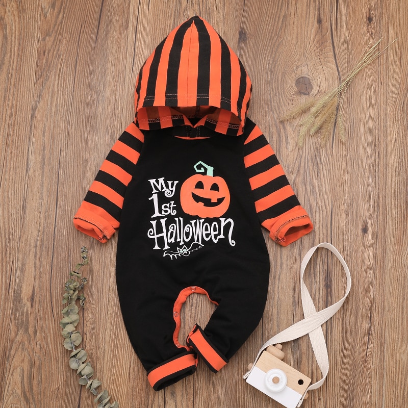 Patpat 2020 nova chegada outono bebê menino halloween estilo abóbora impressão com capuz manga longa macacão bebê menino festival roupas