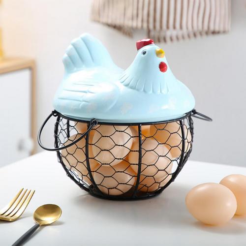 Ceramic Iron Egg Storage Basket Snack Fruit Basket Collection Ceramic Hen Ornaments Decor Kitchen Accessories: Blue