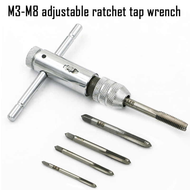M3-M8 Verstelbare Ratchet Tap Wrench Omkeerbare Draad Metrische Plug Tap T-Handvat Ratelsleutel Houder Voor Tap Sterven Set
