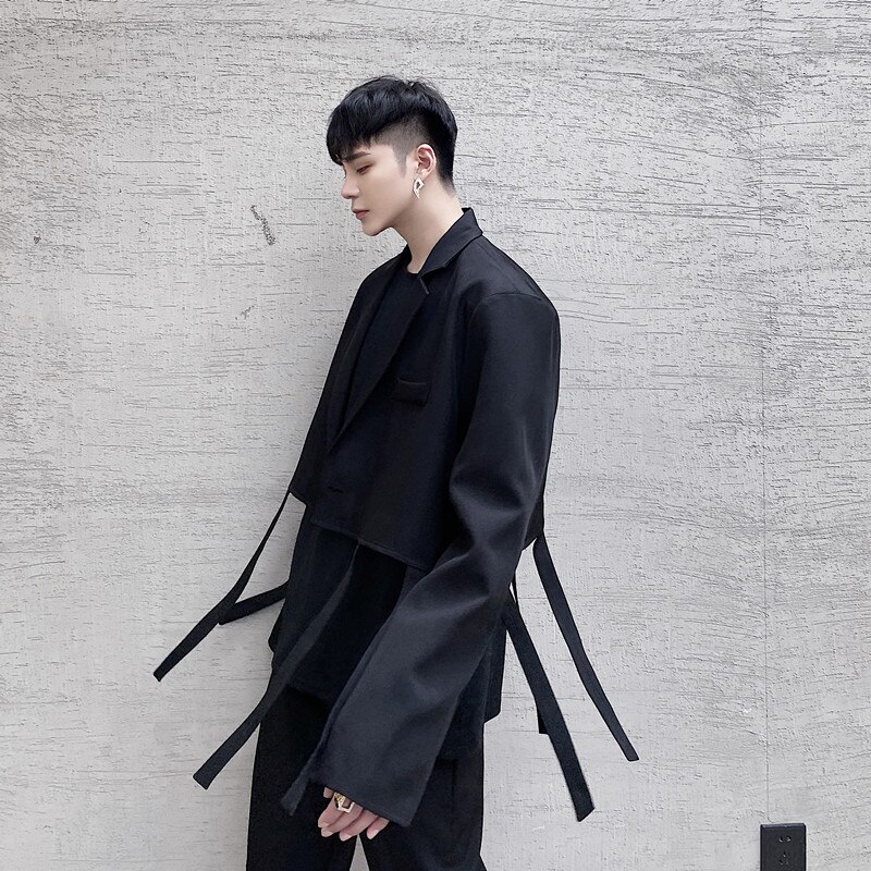 Men Removable Hem Loose Casual Suit Blazers Jacket Male Streetwear Vintage Suit Coat Outerwear