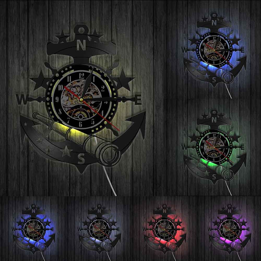1 stück Anker Vinyl aufzeichnen Wanduhr Jahrgang Meer Marine Zauberstab Kunst Ozean Marine Zauberstab Poster Wanduhr Zeit Uhr Navigator