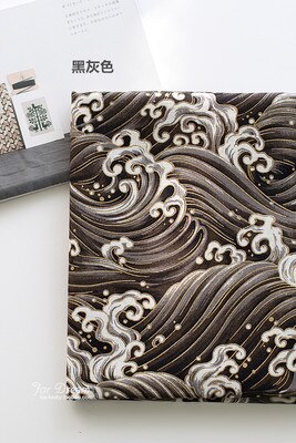 Doe-het-zelf katoenen linnenstof voor tafelkleed/kussenhoezen, japanse ukiyoe-prints met oceaan-golven, prachtige bronzen kleding-/tassenstof: Zwart