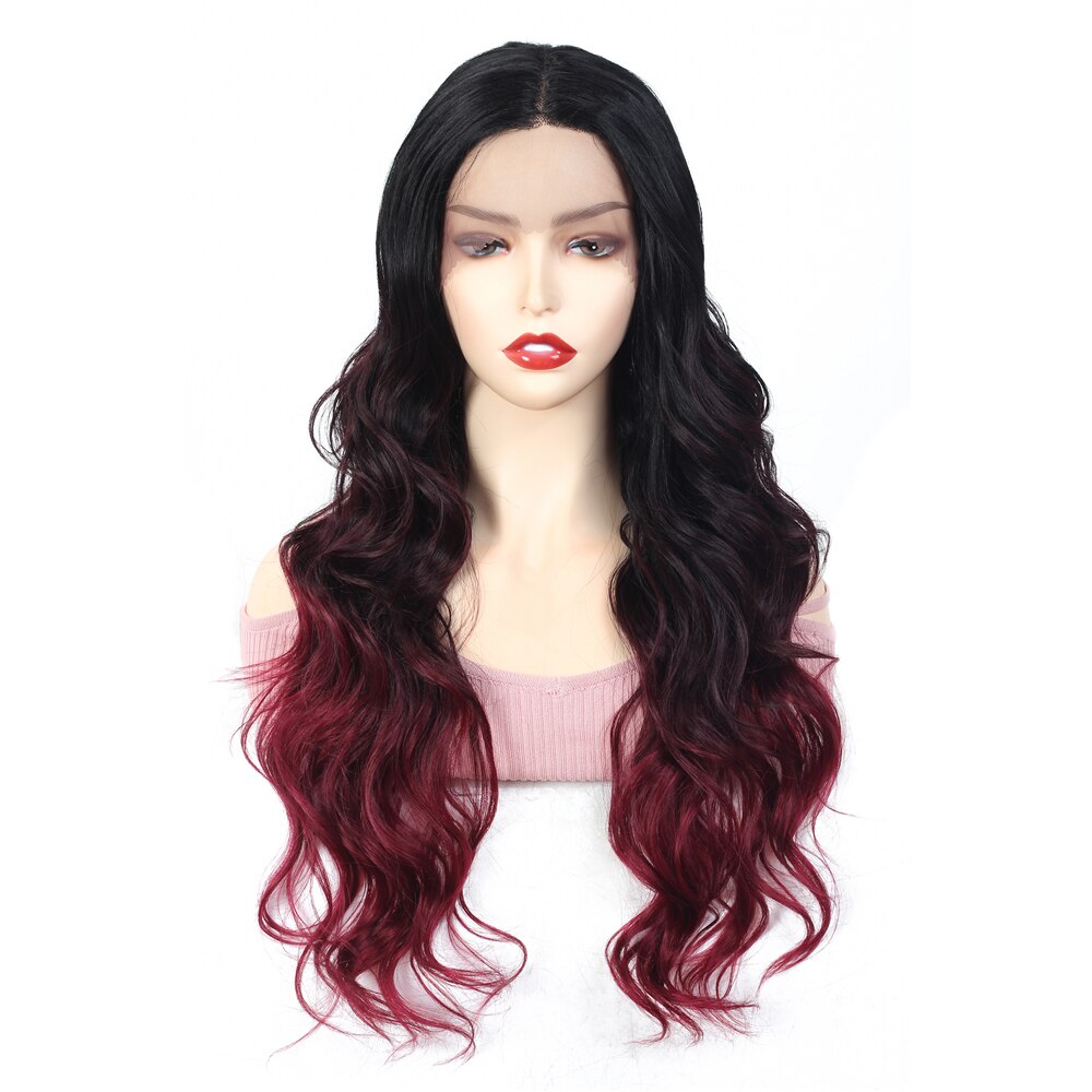 SOKU Ombre Wine Red Color Lace Front Wig 23 Inch Long Wavy Hair Synthetic Wigs With Natural Hairline For Women Trendy Hairstyle: 3T1B-99J-BURG