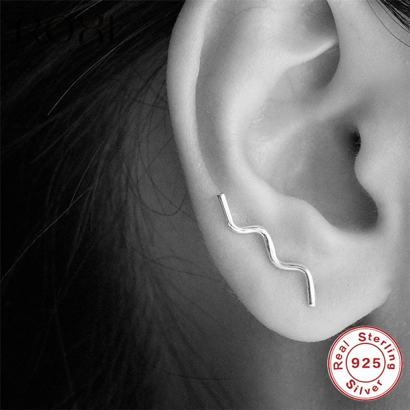 ROXI Trendy Wave Ear Climber Stud Earrings for Women Punk Ear Crawler Wrap Earrings Korean Jewelry 925 Sterling Silver Earrings