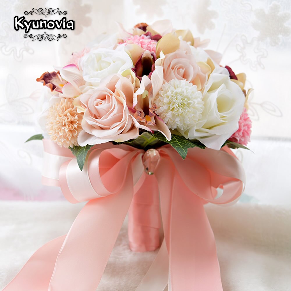 Kyunovia soie mariage Bouquet fleurs mariage souvenir Bouquet mariée Bouquet corail Rose et Rose hortensia mariage Bouquet FE36