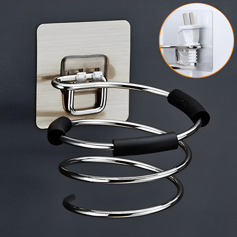 Hair Dryer Holder Blower Organizer Adhesive Wall Mounted Nail Free No Drilling Stainless Steel Spiral Stand Storage For Bathroom