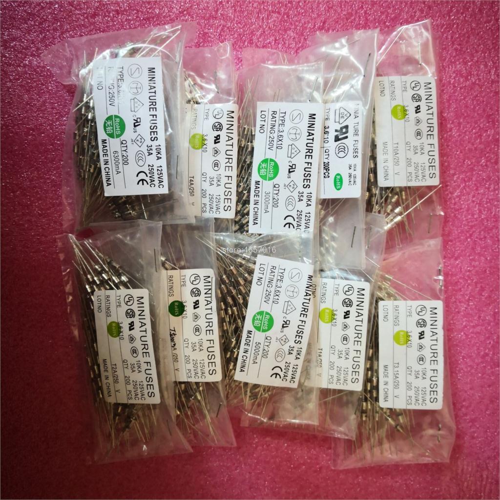 200PCS 0,5 EINE 1A 1,5 A 1,6 A 2A 2,5 EINE 3A 3,15 EINE 4A 5A 6,3 EINE 8A 10A 15A 250V 3.6*10mm Miniatur Sicherungen 3,6 x10 Axial Blei Keramik Sicherung