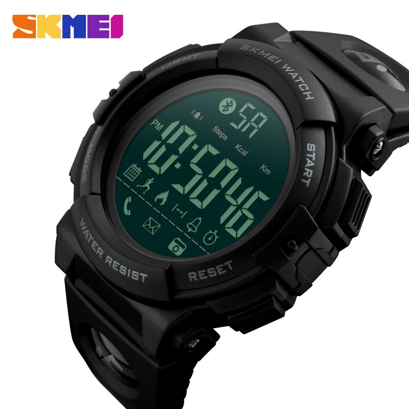 SKMEI Smart Sport Horloges Heren Digitale Horloges Remote Camera Call Herinnering Bluetooth Smartwatches Voor iPhone Android: Black