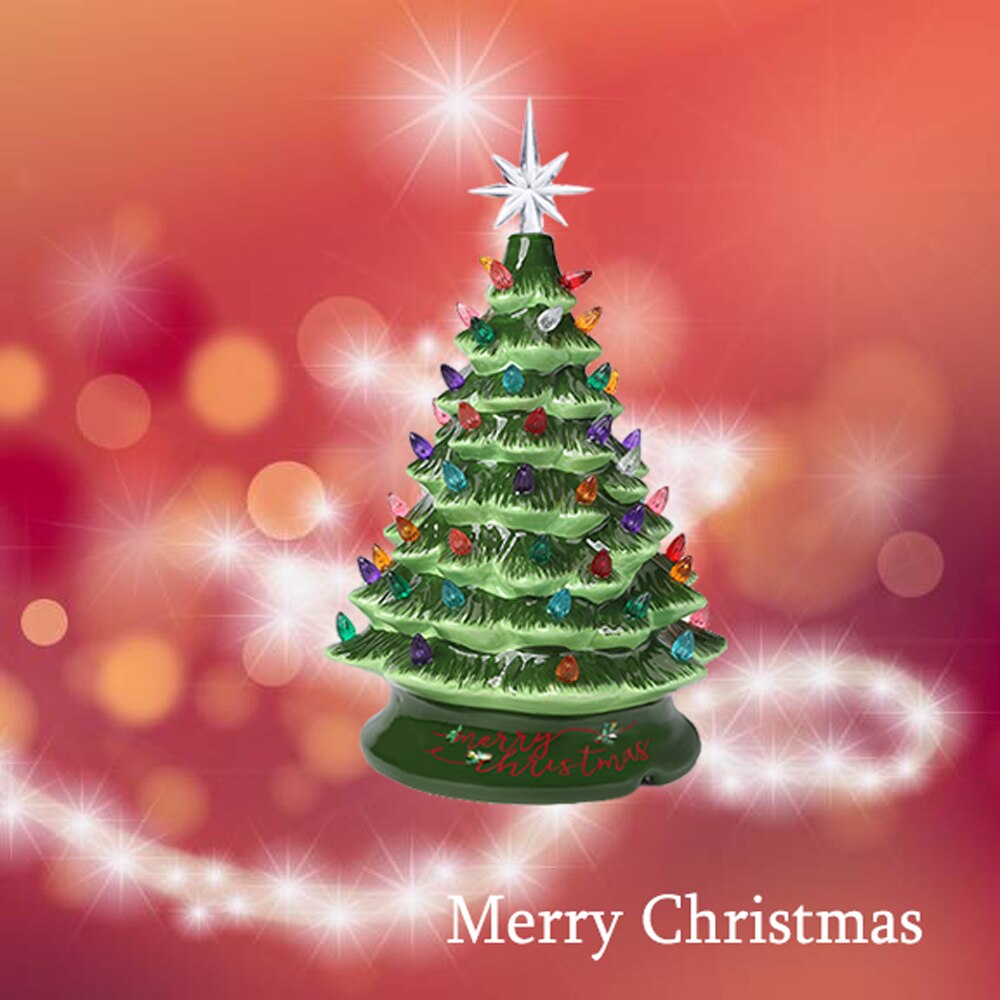 Halloween Christmas Ceramic Tree with Orange and Purple Lights,Tabletop Decor Tree with Pumpkin Top and Halloween Tree Collar