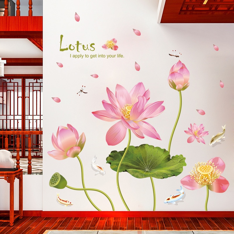 Modern Pink Lotus Flower Wall Stickers Green Leaves for Living Room Waterproof TV Background Art Decals Bedroom Large Size PVC