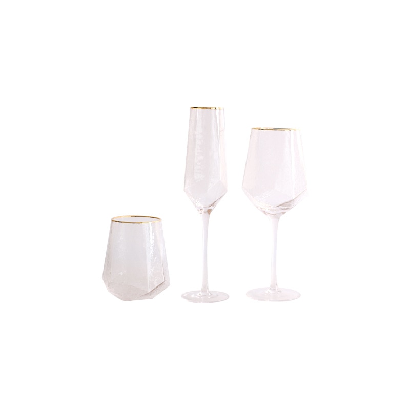 Portsble Wine Glass Diamond Shaped Hammered Rimmed Nordic Rretro Crystal Goblet Rimmed Champagne Glass Diamond Glass