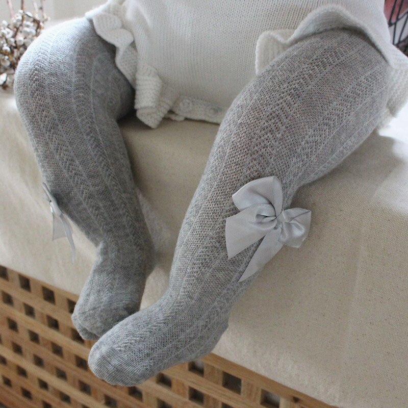 Medias de malla de verano para niña, transpirables pantimedias de algodón suave, con bonitos lazos, Color sólido: gray / Fit 4-6year