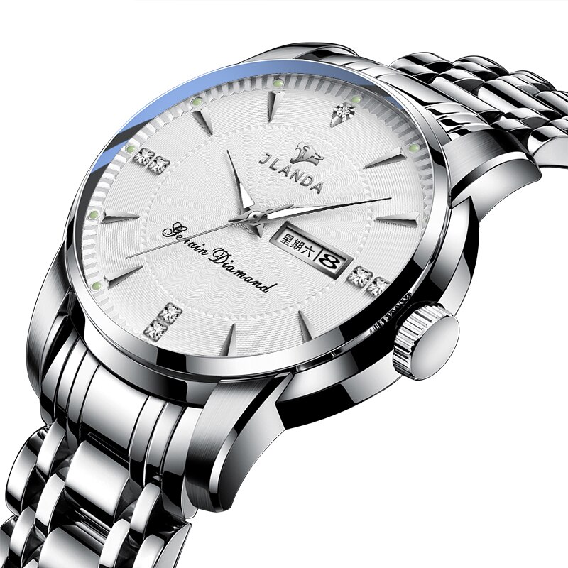 JLANDA-Reloj de pulsera de acero inoxidable para Hombre, Reloj de lujo clásico, de negocios, con fecha y semana, de cuarzo: White Silver