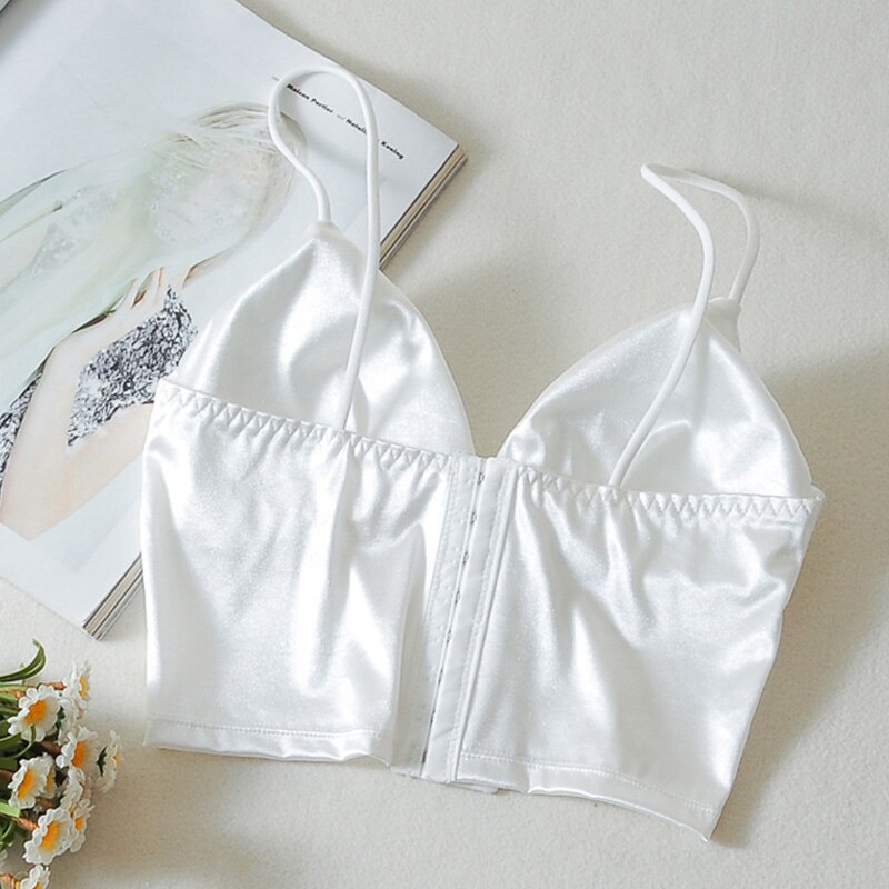Sexy Satijnen Crop Tops Vrouwen Draadloze Bralette Gehaakte Top Vrouwelijke Spaghetti Band T-shirt Cropped Met Borst Padded Hemdje Camis