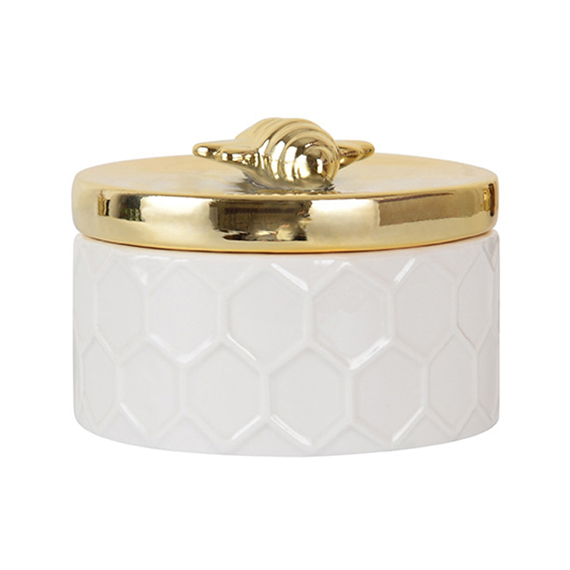 Caja de joyería de abeja, tanque de almacenamiento de joyas de cerámica dorada, Pastoral Europea, tanque de Almacenamiento Simple, adornos de tocador con cubierta: Default Title