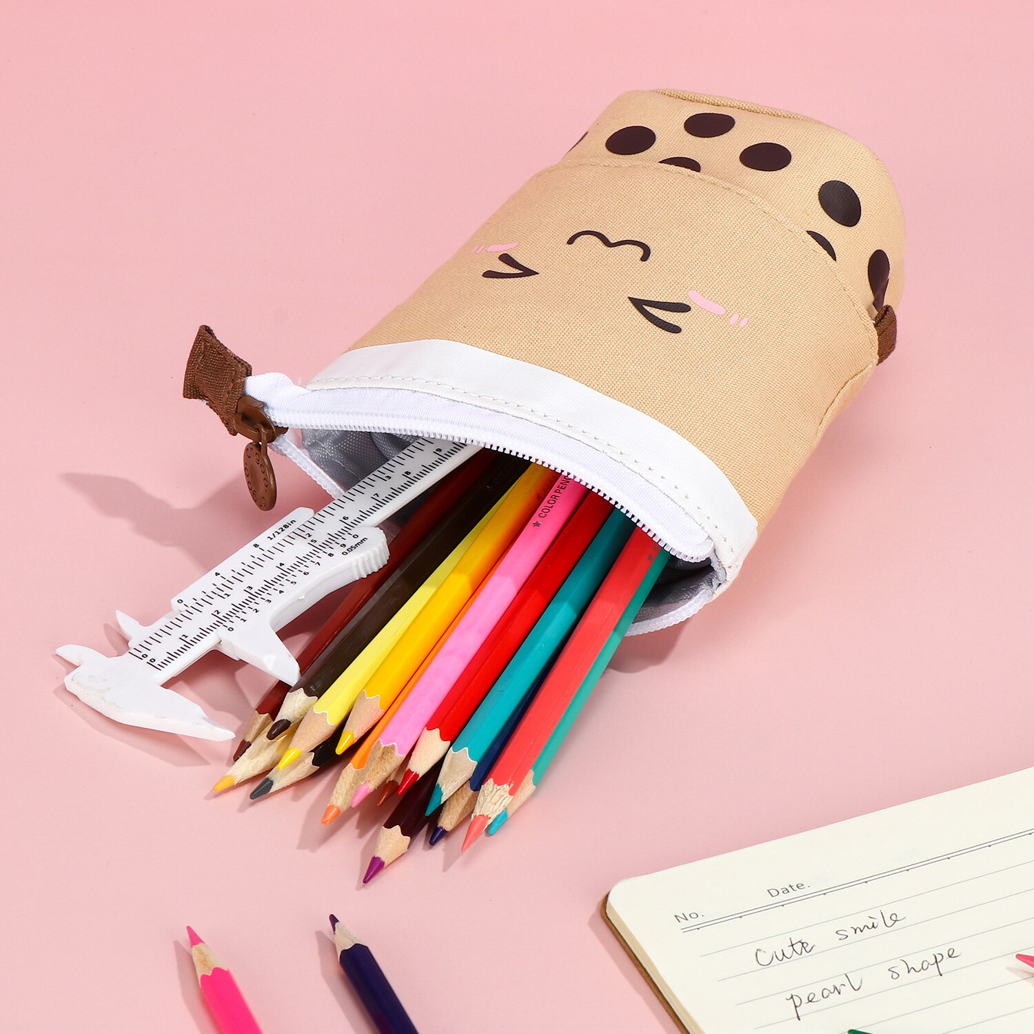 1 Set Cute Boba Milk Tea Pen Case Pencil Holder Stationery Case Stand Up Telescopic Pencil Case Pen Box Stationery Pouch Bag