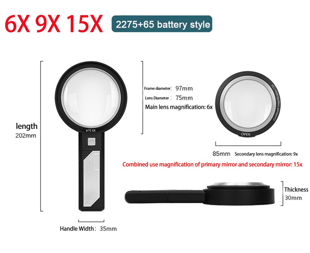 Lighted Magnifying Glass 5X 10X 15X Handheld Magnifying with 8 Led Lights, Optical Lens Illuminated Magnifier For Reading Repair: 2275 65 battery