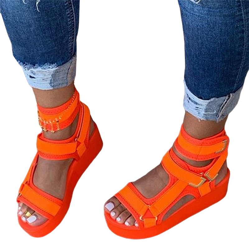 Kvinnor sandaler krok & loop plattform öppen tå orange sandaler kvinnor platt sommar utomhus strandskor dam sandaler för tjejer