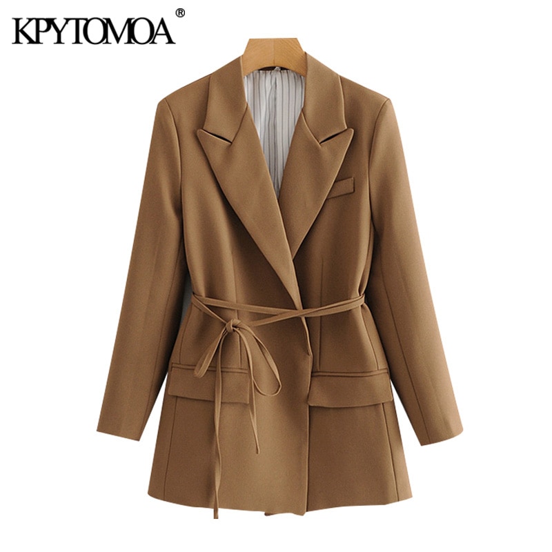 KPYTOMOA Women With Tied Wrap Blazers Coat Vintage Long Sleeve Pockets Female Outerwear Chic Tops