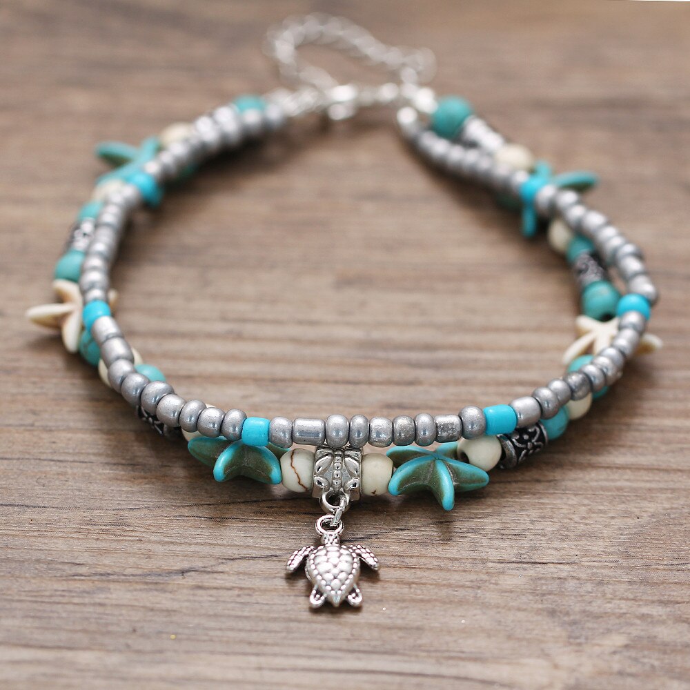 Bohemian Beaded starfish stone Anklet Bohemian women's silver chain bracelet leg beach ankle jewelry women's