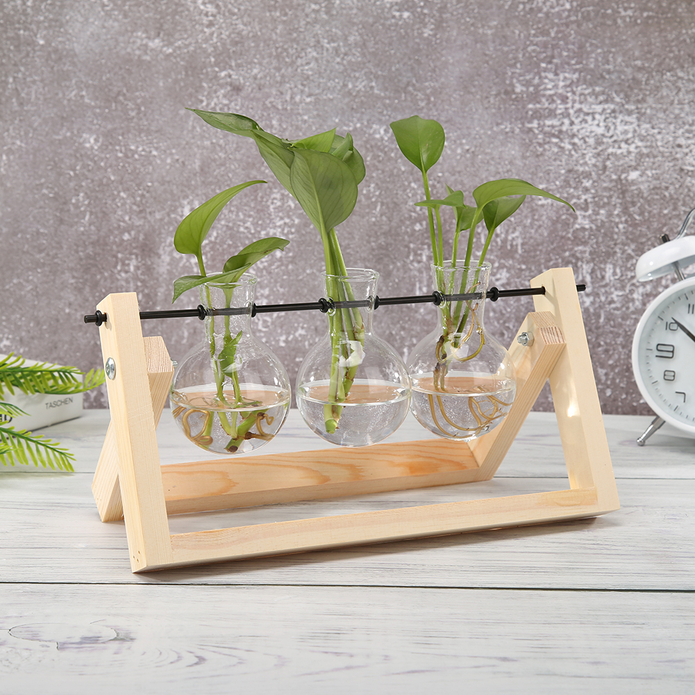 Glas En Hout Vaas Planter Terrarium Tafel Desktop Hydrocultuur Lade Home Decor Plant Bonsai Bloempot Opknoping Potten Met Houten: Donkergrijs