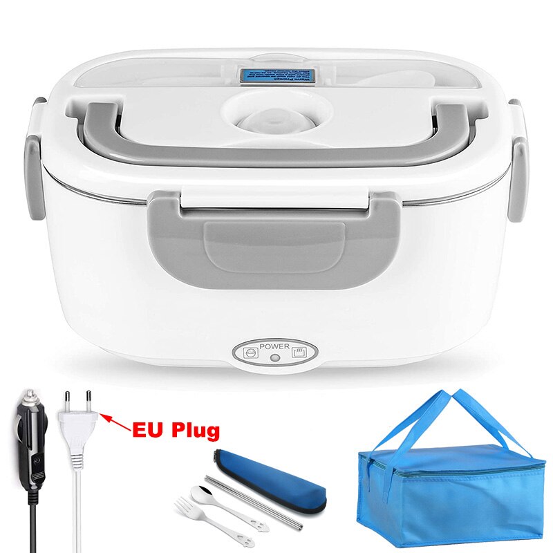 Fiambrera eléctrica de acero inoxidable 2 en 1, 110V, 220V, 12V y 24V, calentador de comida escolar para oficina y coche, conjunto de caja Bento: Car and EU Plug- Bag