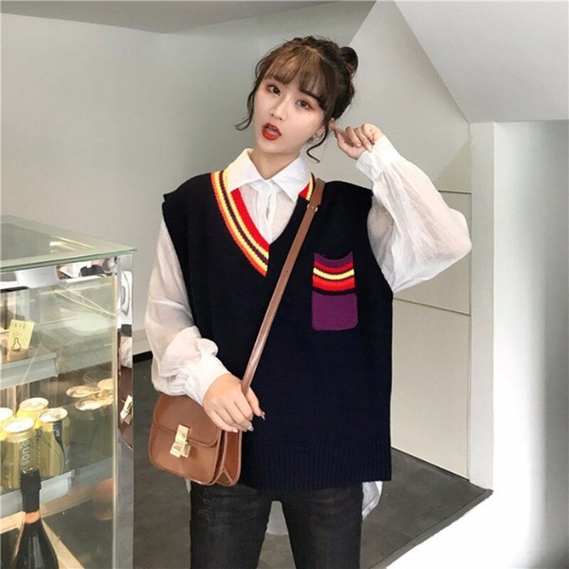 Tröja väst dam regnbågsficka stickad ärmlös dam all-match pullover elasticitet lös enkel höst ulzzang