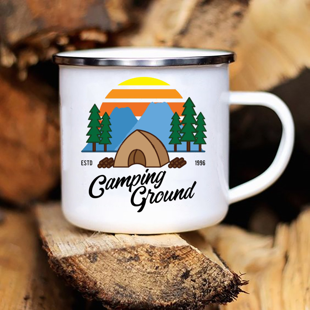 Tazas de Camper con estampado de caravana, taza esmaltada para acampar, aventura, fogata, , cerveza, jugo, tazas con mango de montaña, para Camper: Azul