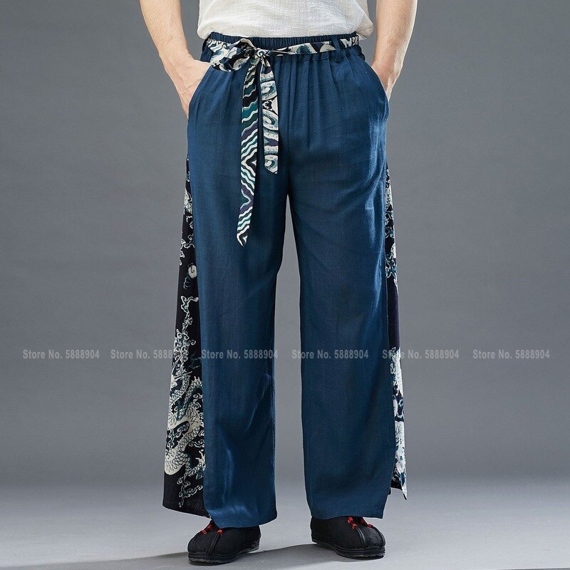 Uomini retrò del Drago di Stampa Giapponese Harajuku pantaloni Larghi del Piedino Pantaloni di Stile Cinese di Kung Fu Tai Chi Gonne E Pantaloni Spiaggia del Cotone casuale Allentato pantaloni