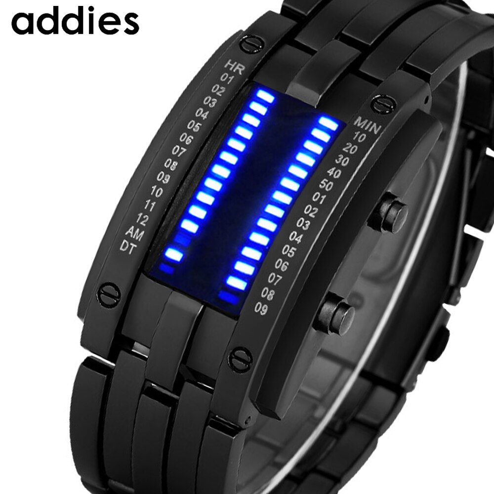 Mode Creatieve Sport Horloge Mannen Roestvrij Stalen Band Led Display Vrouw Horloges 3Bar Waterdichte Digitale Koppels Horloge Reloj: Mens black