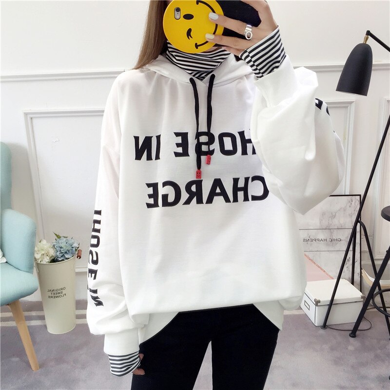 Wiosna Japan Style bluzy damskie C zagęścić Splice z długim rękawem damskie swetry nadrukowane litery z kapturem studenci damskie bluzy