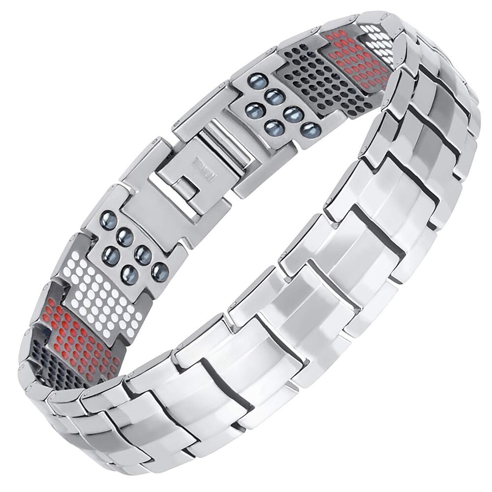 FINE4U B390 Double Row Strength 4 Element Titanium Magnetic Therapy Bracelet for Arthritis Pain Relief: Silver1