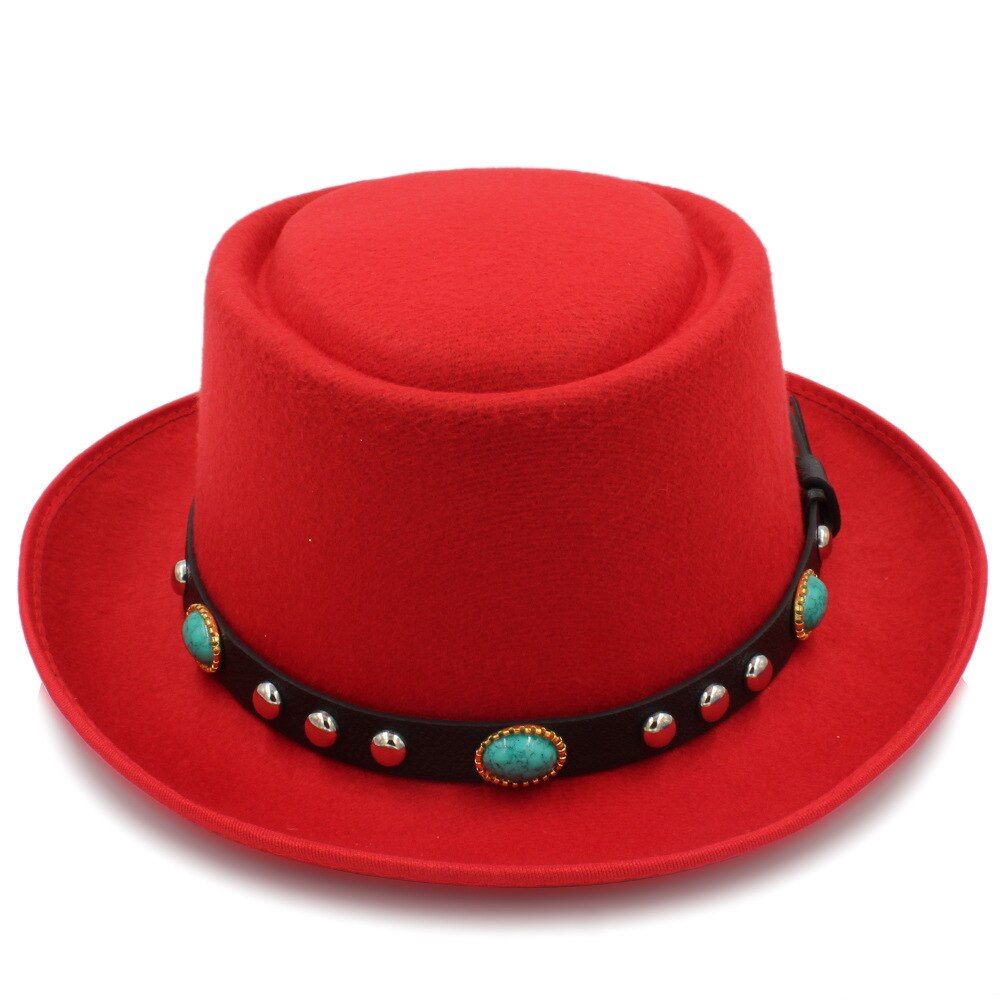 Chapeau plat en laine pour homme, chapeau Fedora, pour homme, papa, joueur, fascinateur, Trilby, église, taille 58cm: Red